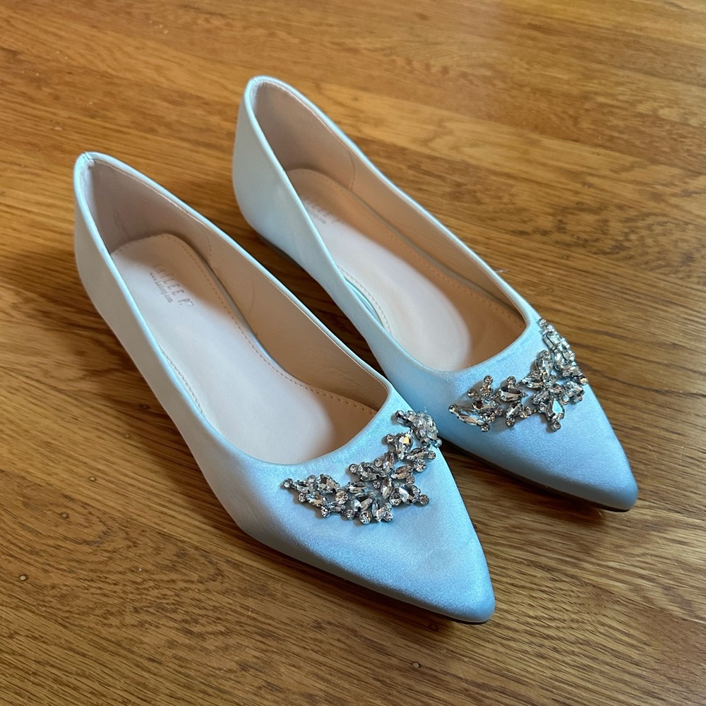Light Blue Embellished Satin Flats